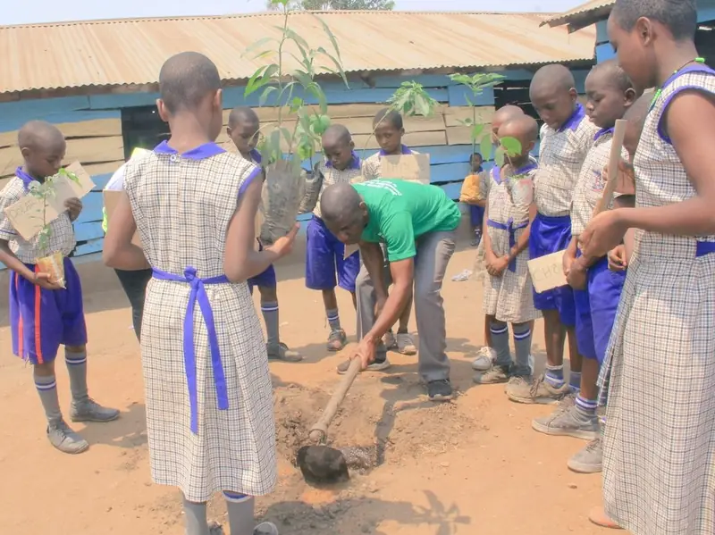 Pupils dig and plant trees together in their school compound