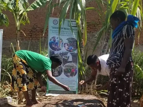 A woman in a green shirt plants a seedling next to the Seeds of Resilience banner